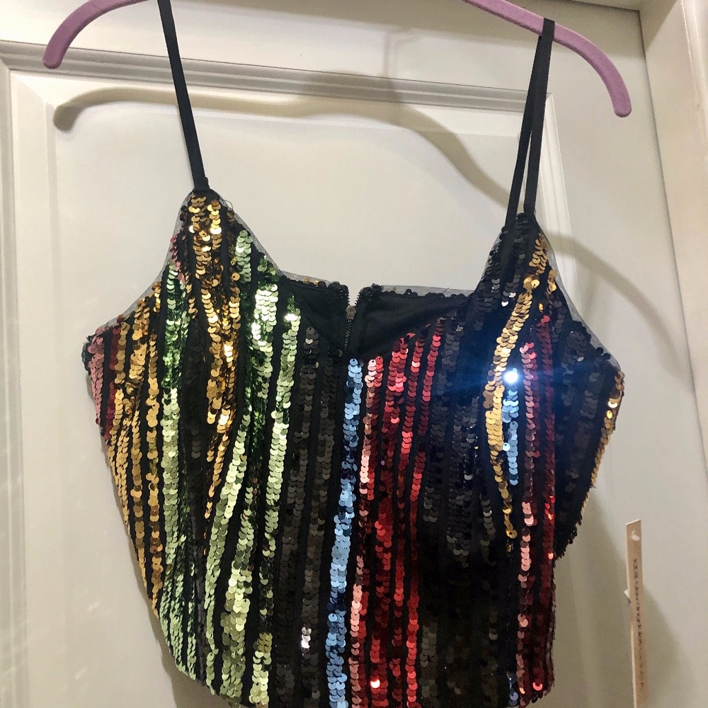 Aqua (brand) Sequined Multi-Colored Crop Top; Spaghetti Straps NWT  Sz L